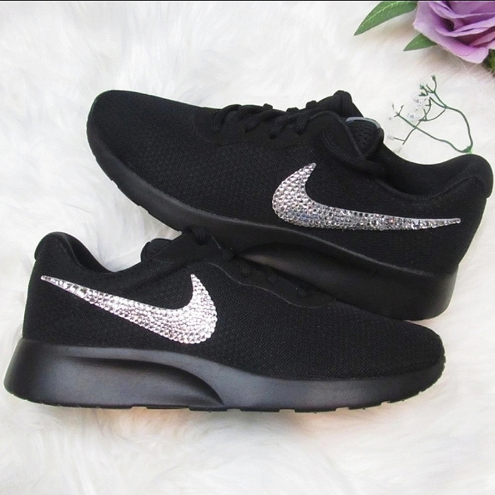 Custom Crystal Nike Tanjun Black Blinged Sneakers - Picture 1 of 4
